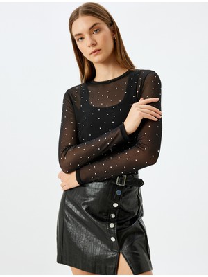 Koton Uzun Kollu Yuvarlak Yaka Slim Fit Taşlı Tül Transparan Tişört