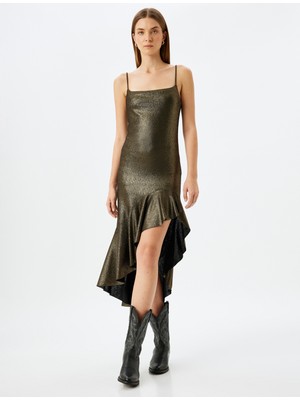 Koton Volanlı Askılı Kare Yaka Asimetrik Kesim Uzun Abiye Elbise