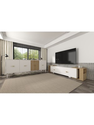 Demonte Decor Verydd 2'li Salon Takımı 180 cm Konsol (KX180) ve Tv Ünitesi Beyaz-Safirmeşe