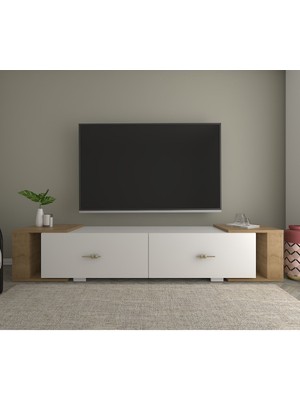 Demonte Decor Verydd 2'li Salon Takımı 180 cm Konsol (KX180) ve Tv Ünitesi Beyaz-Safirmeşe