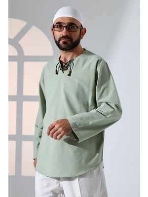 İhvan Online Erkek Sıfır Yaka Bağcıklı Uzun Kollu Keten Gömlek Yeşil
