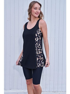 Ruko Maio 24156-1  Büyük Beden Siyah Leopar Desenli Taytlı Tankini