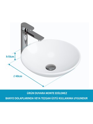 Aqua Bagno Minizia Tezgah Üstü Çanak Lavabo,batarya Deliksiz,40 cm Beyaz