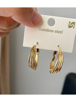 Stainless Steel Dörtlü Geçmeli Düz Gold Çelik Küpe