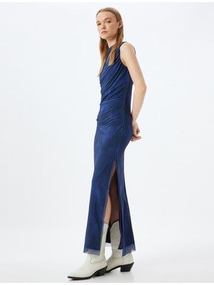 Koton Tül Elbise Uzun Kolsuz Drapeli Kayık Yaka Yırtmaçlı Astarlı