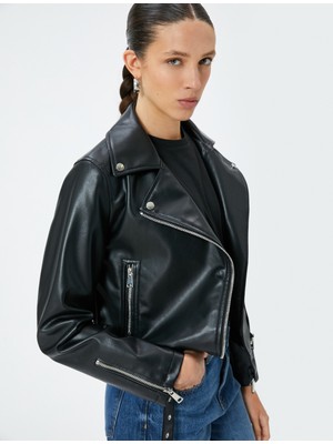 Koton Suni Deri Ceket Fermuarlı Kruvaze Cepli