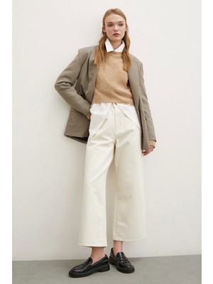 Yüksek Bel Geniş Paça Mom Jean Ekru