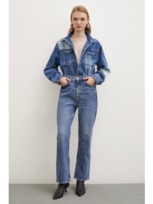 Yüksek Bel Boru Paça Jean Mavi