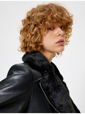 Koton Biker Ceket Deri Görünümlü Içi Suni Kürklü Fermuarlı Kemer Detaylı Cepli