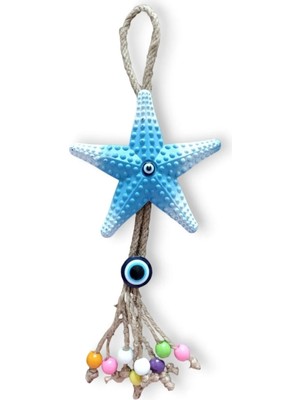 Mavi Deniz Yıldızı Figürlü Nazar Boncuklu Jüt Ipli Teras Bahçe Balkon Duvar Süsü