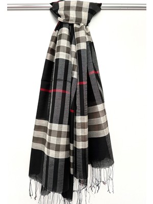 Ekose Desenli Ipek Şal, Ekose Şal, Kareli Şal, Ithal Ipek Ekose Şal, Siyah Şal