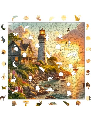 Pinecone Deniz Fenerinde Gün Batımı Ahşap Puzzle Yetişkin Benzersiz Parçalı Yapboz Puzzle S1-29