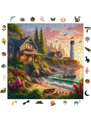 Pinecone Deniz Feneri ve Taş Ev Ahşap Puzzle Yetişkin Benzersiz Parçalı Yapboz Puzzle Yapıştırıcılı S1-23