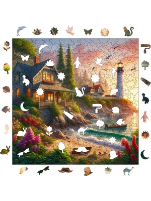 Pinecone Deniz Feneri ve Taş Ev Ahşap Puzzle Yetişkin Benzersiz Parçalı Yapboz Puzzle Yapıştırıcılı S1-23