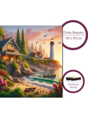 Pinecone Deniz Feneri ve Taş Ev Ahşap Puzzle Yetişkin Benzersiz Parçalı Yapboz Puzzle Yapıştırıcılı S1-23