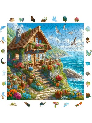 Pinecone Deniz Kenarında Kır Evi Ahşap Puzzle Yetişkin Benzersiz Parçalı Yapboz Puzzle Yapıştırıcılı S1-24