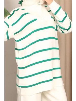 Kadın Kamyoncu Yaka Oversize Çizgili Fermuarlı Uzun Triko Kazak