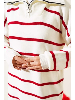 Kadın Kamyoncu Yaka Oversize Çizgili Fermuarlı Uzun Triko Kazak