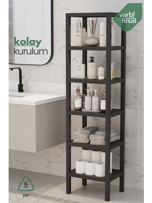 VarBiFırsat 6 Katlı Düzenleyici Plastik Raf Ünitesi, Kitaplık, Banyo, Mutfak Rafı, Ayakkabılık - Siyah