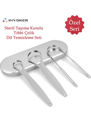 Invoker Dil Temizleme Aparatı Dil Sıyırıcı Paslanmaz Çelik Ağız Bakım Plak Fırçası 3 Lü Steril Taşıma Kutulu Tıbbi Çelik Özel Set
