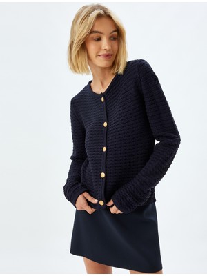 Koton Örgü Hırka Yuvarlak Yaka Uzun Kollu Gold Düğmeli