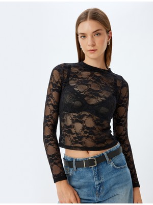 Koton Transparan Tül Dantel Tişört Uzun Kollu Bisiklet Yaka