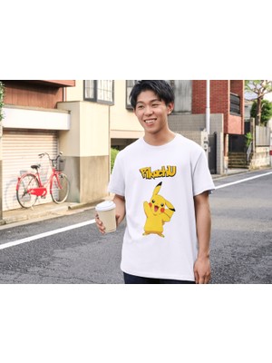 Alpşan Ticaret Pikachu Tişört Pokemon Çocuk Yetişkin Beyaz T-Shirt Pikachu Baskılı Beyaz Tişört