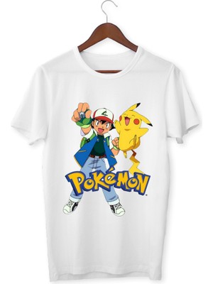 Pokemon Tişört Çocuk Yetişkin Beyaz T-Shirt Pokemon Pikachu Baskılı Beyaz Tişört