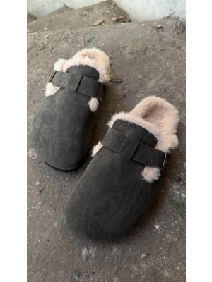 Eataly Shoes Sabo Haki Vegan Deri Içi Tüylü Terlik