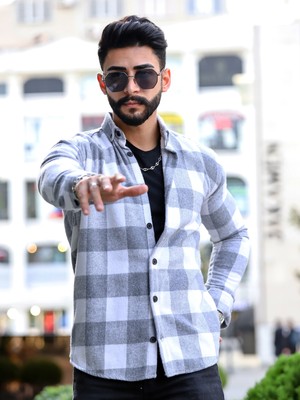 Oduncu Gömlek Beyaz Gri Düğmeli