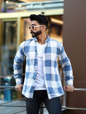 Mavisima Erkek Giyimi Oduncu Gömlek Erkek Mavi Beyaz Düğmeli Slim Fit Trend Uzun Kol Ekose Desenli