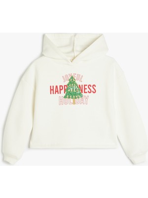 Koton Kapşonlu Sweatshirt Kız Çocuk İçin Ekru Yılbaşı Baskılı Sim Detaylı Rahat Fit