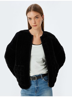 Koton Kapitone Kadife Oversize Bomber Ceket Yuvarlak Yaka Cepli Fermuarlı