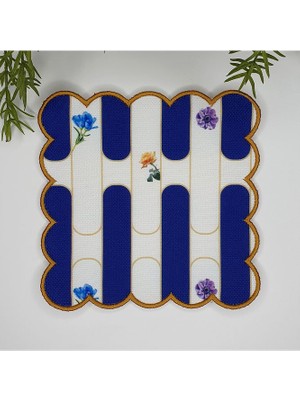 Deco Sax Mavi Geometrik Şerit Desenli Nakışlı Dijital Baskılı Kumaş Kokteyl Peçetesi 1 Adet