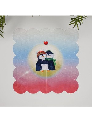 Deco Degrade Zemin Şirin Penguenler Desenli Dijital Baskılı Kumaş Kokteyl Peçetesi 1 Adet