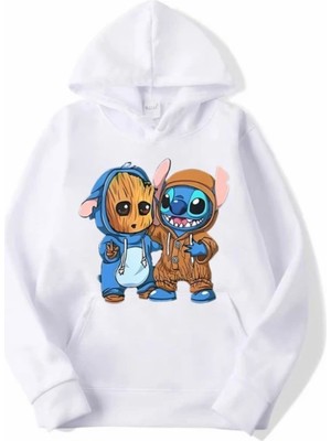 Kids Face Özel Tasarım Kapüşonlu Groot ve Arkadaşı Baskılı Şardonlu Kışlık Erkek Çocuk Sweatshırt