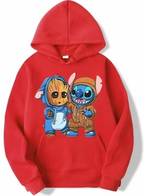Kids Face Özel Tasarım Kapüşonlu Groot ve Arkadaşı Baskılı Şardonlu Kışlık Erkek Çocuk Sweatshırt