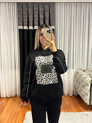 Shine & Style Leopar Detay Kapüşonlü Sweatshirt Siyah