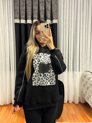 Shine & Style Leopar Detay Kapüşonlü Sweatshirt Siyah