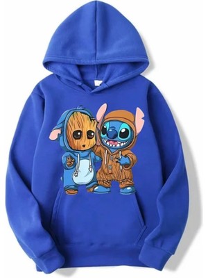 Kids Face Özel Tasarım Kapüşonlu Groot ve Arkadaşı Baskılı Şardonlu Kışlık Erkek Çocuk Sweatshırt