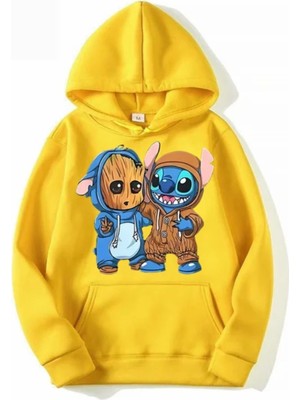 Kids Face Özel Tasarım Kapüşonlu Groot ve Arkadaşı Baskılı Şardonlu Kışlık Erkek Çocuk Sweatshırt