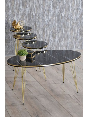 Zigon Sehpa Ve Orta Sehpa Elips Set Tel Ayak Çift Gold Bendir