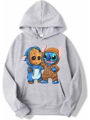 Kids Face Özel Tasarım Kapüşonlu Groot ve Arkadaşı Baskılı Şardonlu Kışlık Erkek Çocuk Sweatshırt