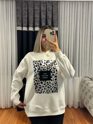 Leopar Detay Kapüşonlü Sweatshirt Beyaz