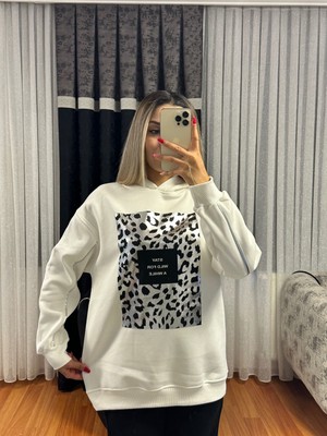 Leopar Detay Kapüşonlü Sweatshirt Beyaz