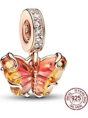 Hector Co Jewellery Tarz Pembe ve Sarı Murano Camı Kelebek Sallantılı Charm