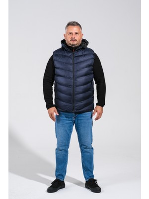 Derin Mavi Çıkarılabilir Kapişonlu Jel Dolgulu Battal Dahil Dahil 9 Beden Puf Yelek