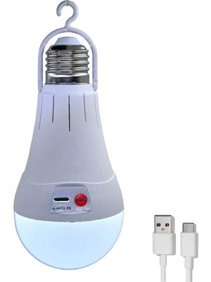Hedyex Usb-C Şarjlı E27 Duylu LED Ampül Kancalı Kamp Lambası 12W