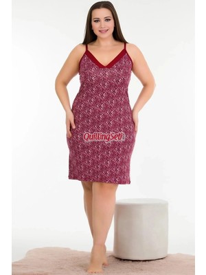 Quilling Bordo Renk ve Beyaz Çizgili Desen Kadın Askılı Kol Büyük Beden Anne Tunik Gecelik - 8730