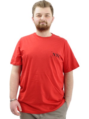 ModeXL  Büyük Beden Erkek Tişört Baskılı Pamuklu Bisiklet Yaka T-Shirt Nyc U24068 Kırmızı